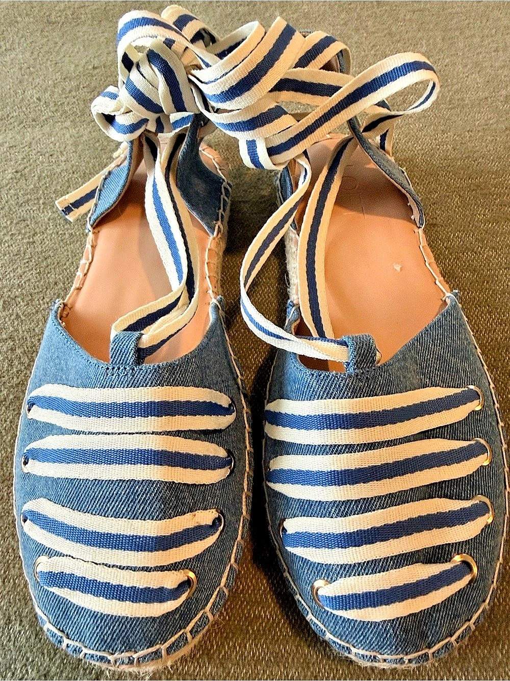 LOFT Denim Ankle Tie Espadrille Sandals Blue & White US 7M